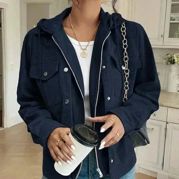 Navy Blue Casual Women's Solid Color Minimalist Hooded Long Sleeve Jacket - Picture 4 of 5